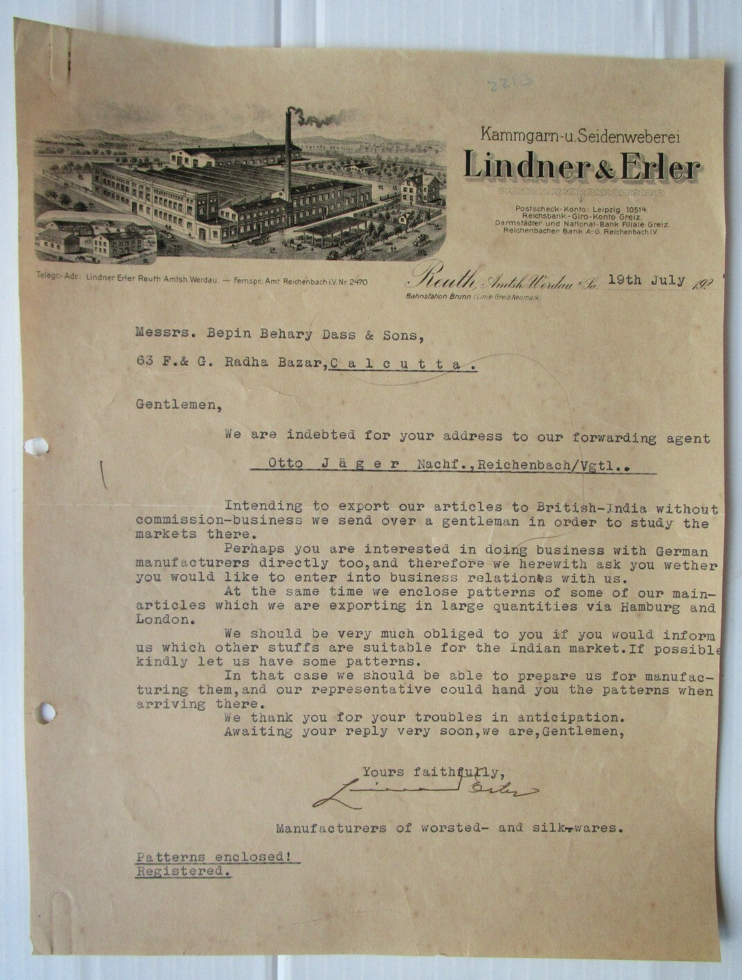 Lindner & Erler Silk Weaving 1920s illustrated letterhead to India