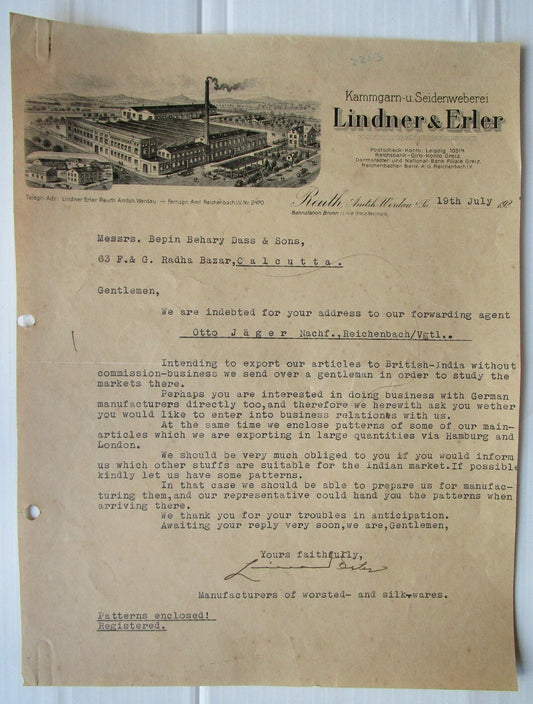 Lindner & Erler Silk Weaving 1920s illustrated letterhead to India