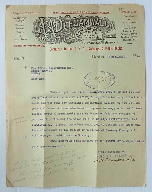 AOP A.A.Dehgamwalla Railway Contractor Bombay 1940 illustrated letterhead India	