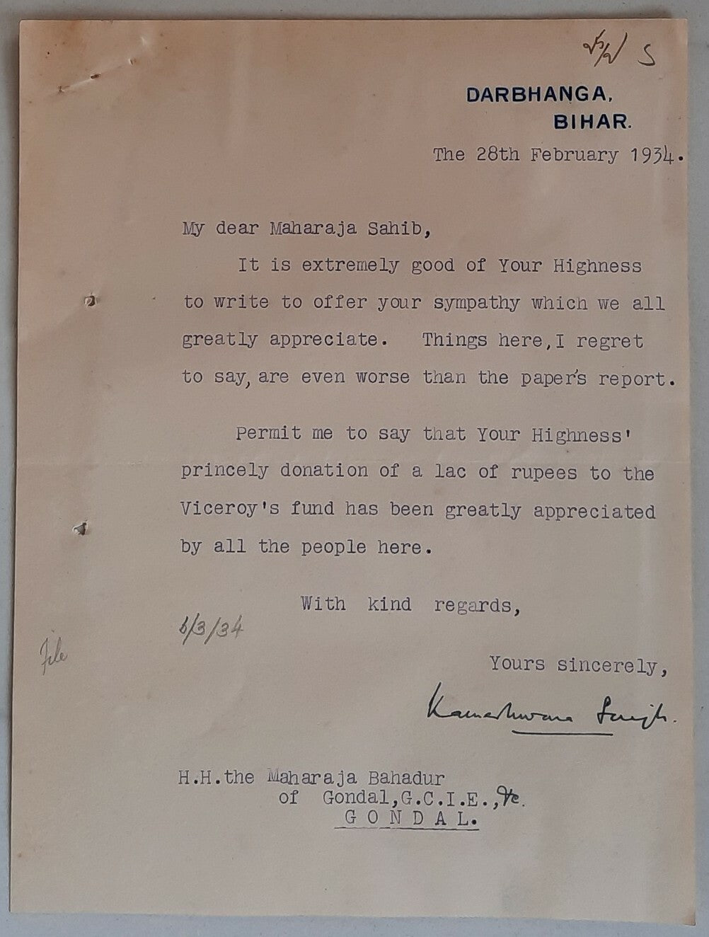 India 1934 letter signed by the Maharaja of Darbanga	