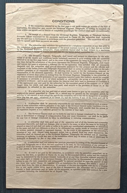 India 1939 SHILLONG Telephone Circuit set up application & terms