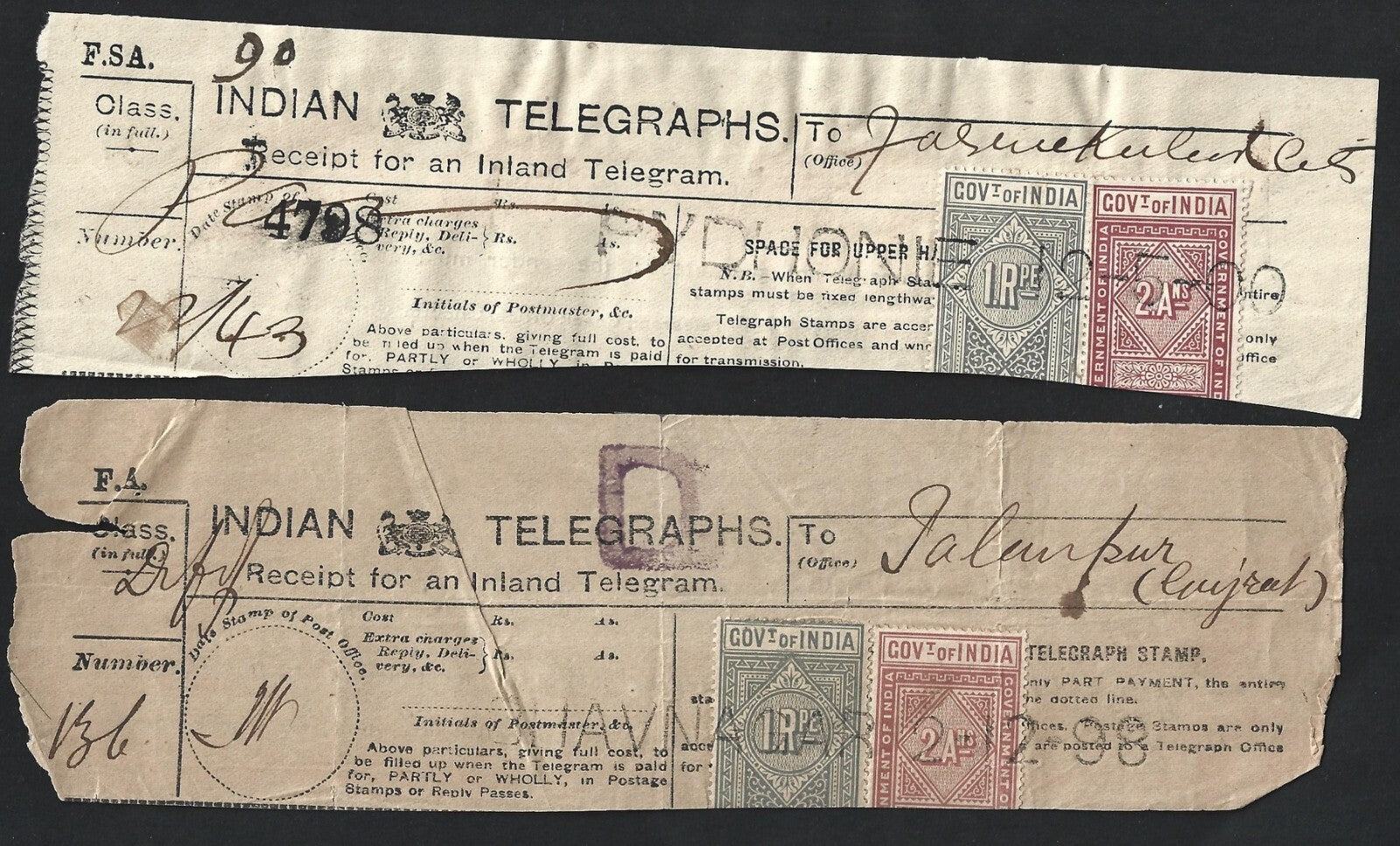 India 1875-1906 collection of telegraph receipts used from 18 different towns