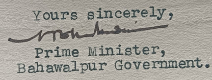 India 1940 crested letter PRIME MINISTER / BAHAWALPUR GOVERNMENT signed