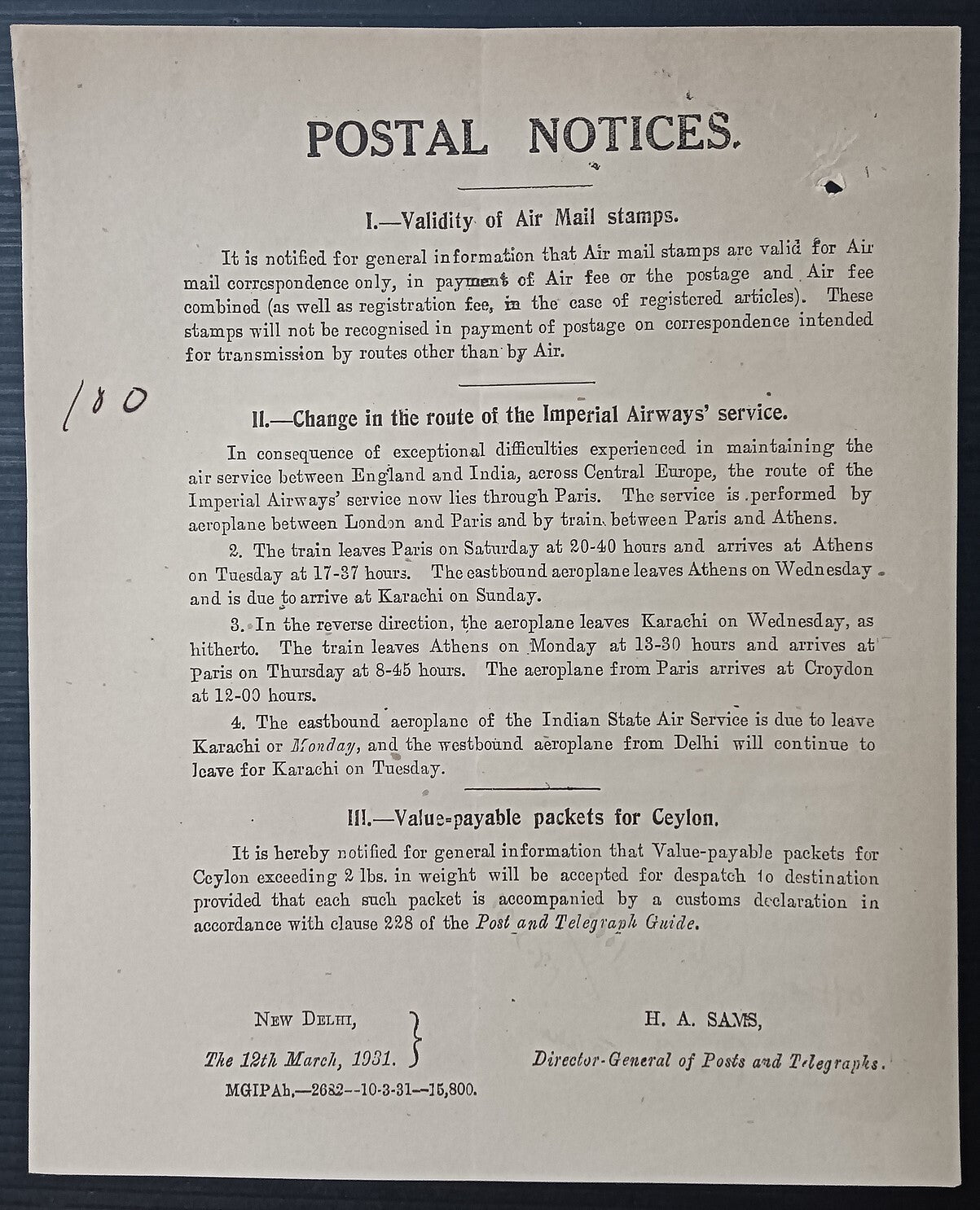 India POSTAL NOTICE 12th March 1931 Validity of Air Mail Stamps
