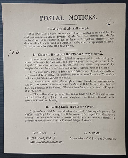 India POSTAL NOTICE 12th March 1931 Validity of Air Mail Stamps