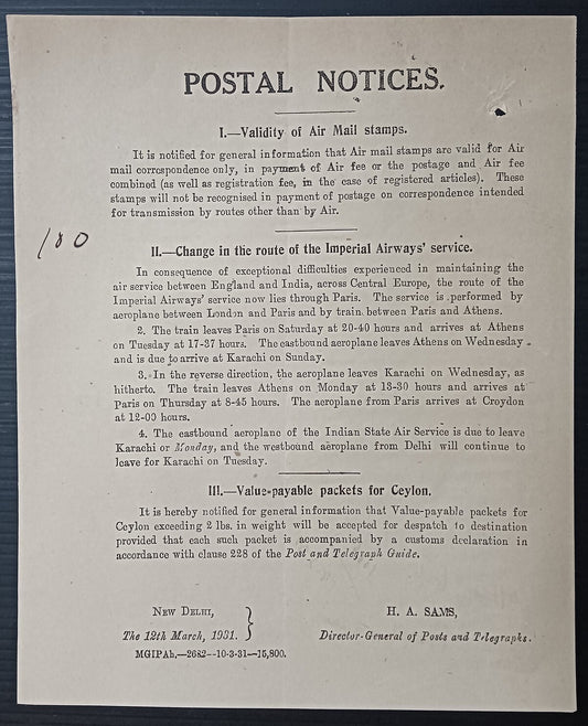 India POSTAL NOTICE 12th March 1931 Validity of Air Mail Stamps