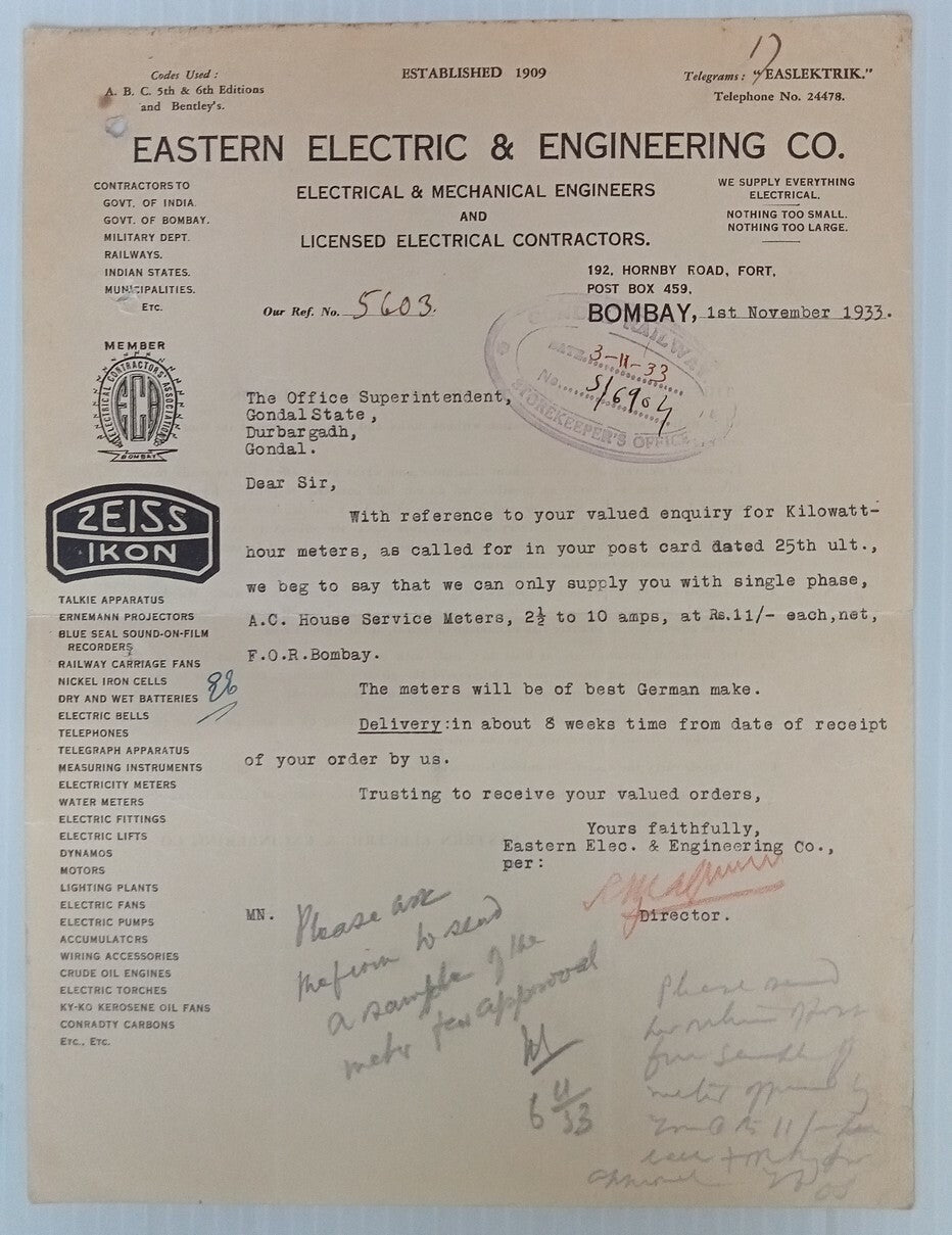 AOP ZEISS IKON Electrical Bombay 1933 illustrated letterhead India