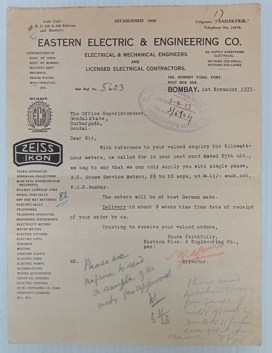 AOP ZEISS IKON Electrical Bombay 1933 illustrated letterhead India