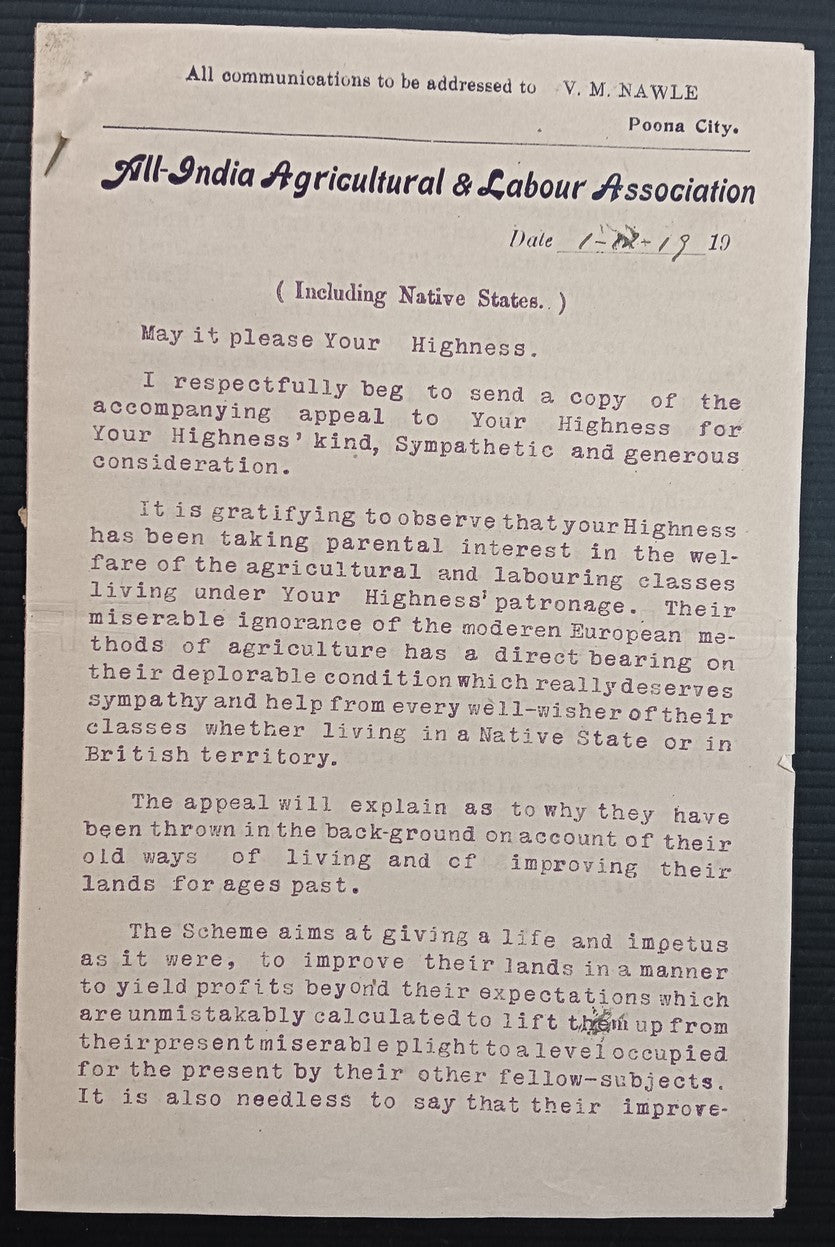 India 1919 ALL INDIA AGRICULTURAL & LABOUR ASSOCIATION booklet & letter