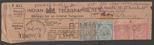 AOP India 4 Telegraph stamp on 1906 telegraph receipt