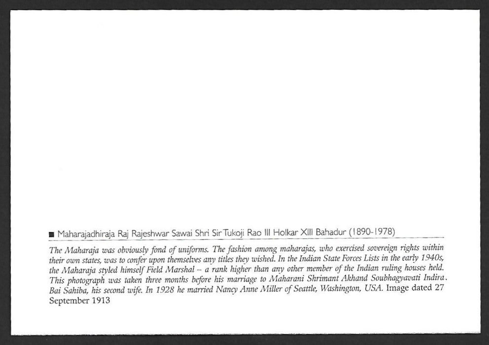 India 2010 Princely States maxi card - Tukoji Rao III Holkar Maharaja of Indore