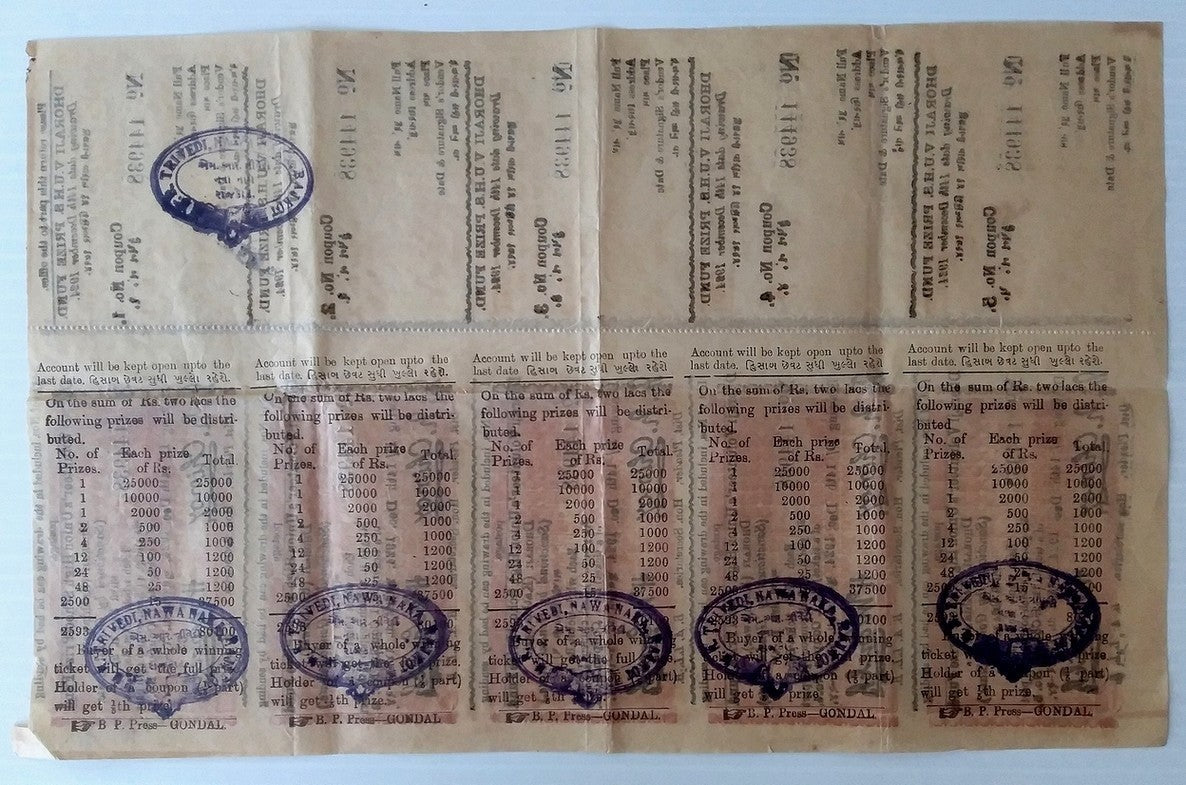 India Gondal State 1924 lottert tickets uncut sheet of 5