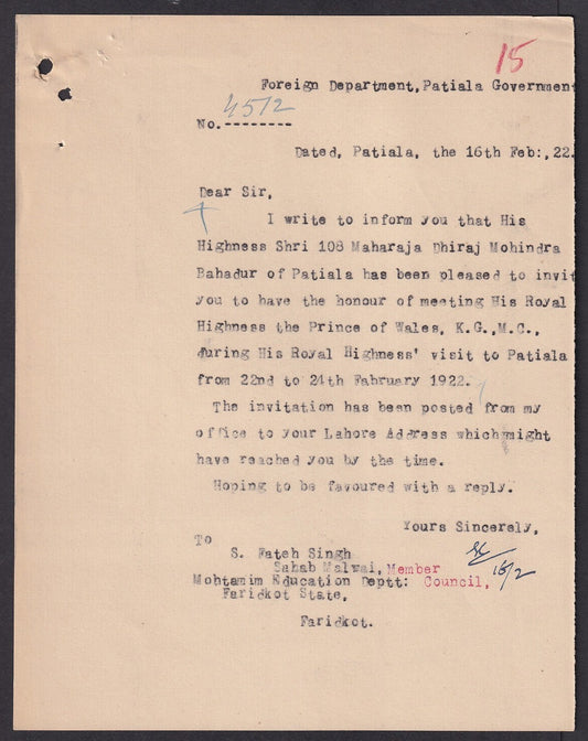 India 1922 HRH The Prince of Wales Visit invitation letter