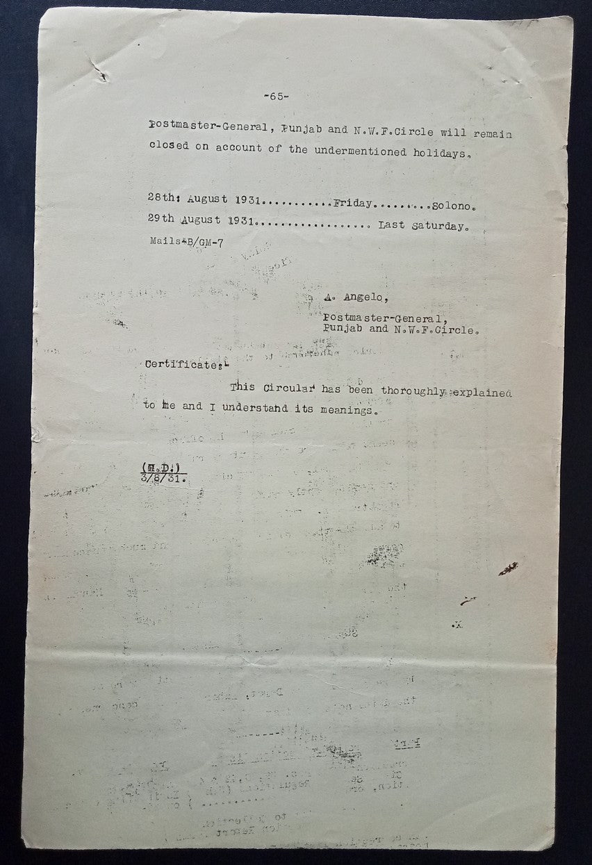India 1931 PG'S POSTAL CIRCULAR List of convicted Postal Official & their crimes