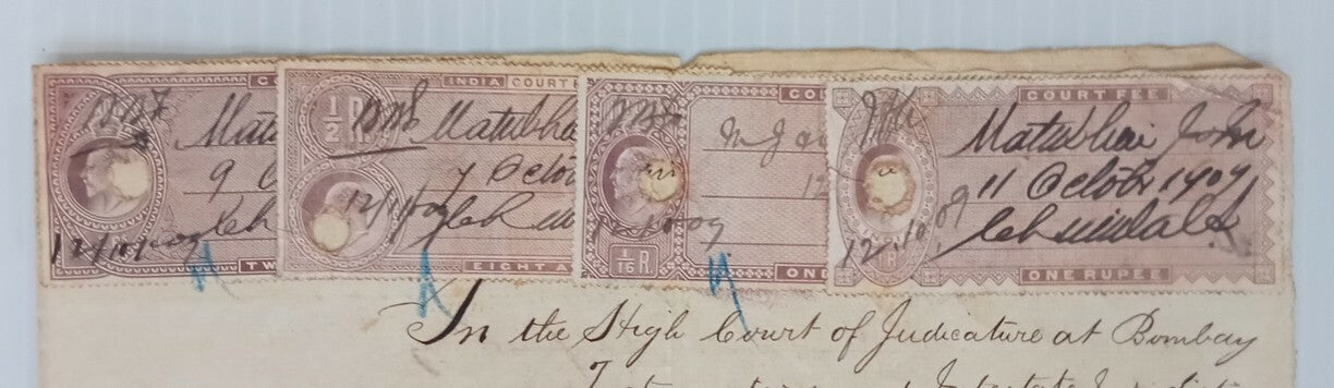 AOP India 1909 3 pages  with KEDVII Court Fee 1a,8a,1R & 2R 