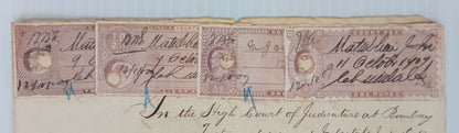 AOP India 1909 3 pages  with KEDVII Court Fee 1a,8a,1R & 2R 