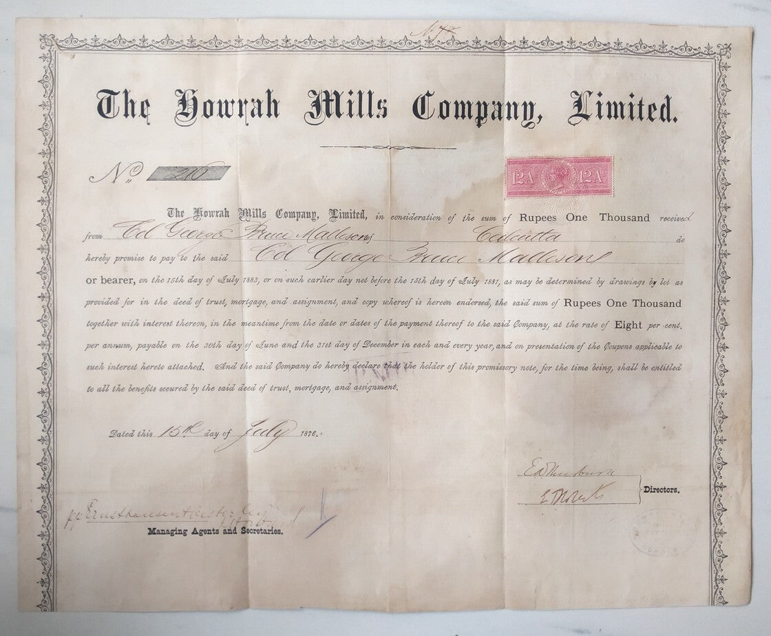 India 1876 The Howrah Mills Company Limited share certificate