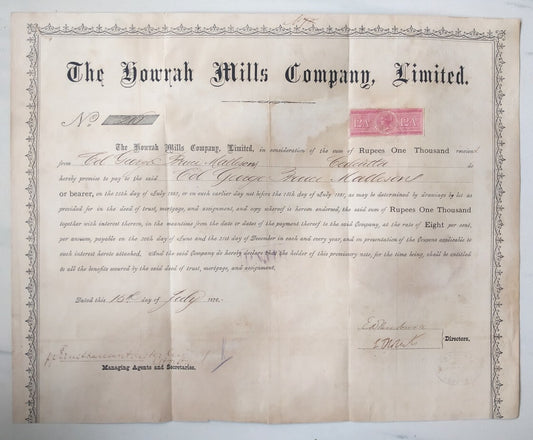 India 1876 The Howrah Mills Company Limited share certificate
