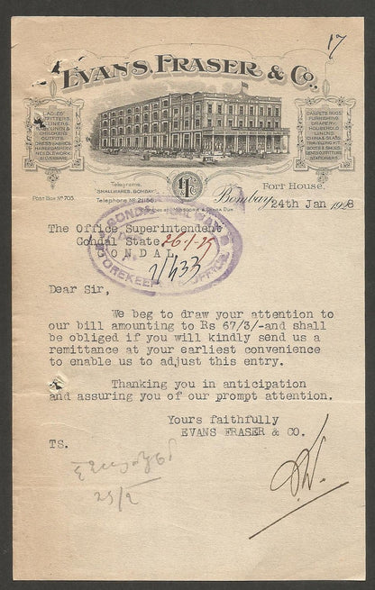 India 1928 illustrated letterhead EVANS FRASER Outfitter & Furnishers Bombay