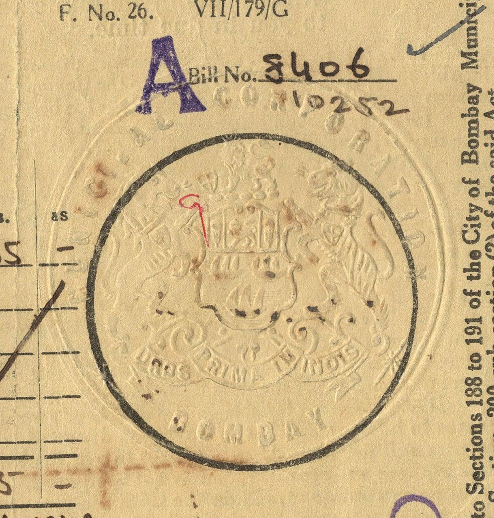 AOP India 1949 1st Q Bombay Municipal Corp BILL FOR TAX ON VEHICLES AND ANIMALS