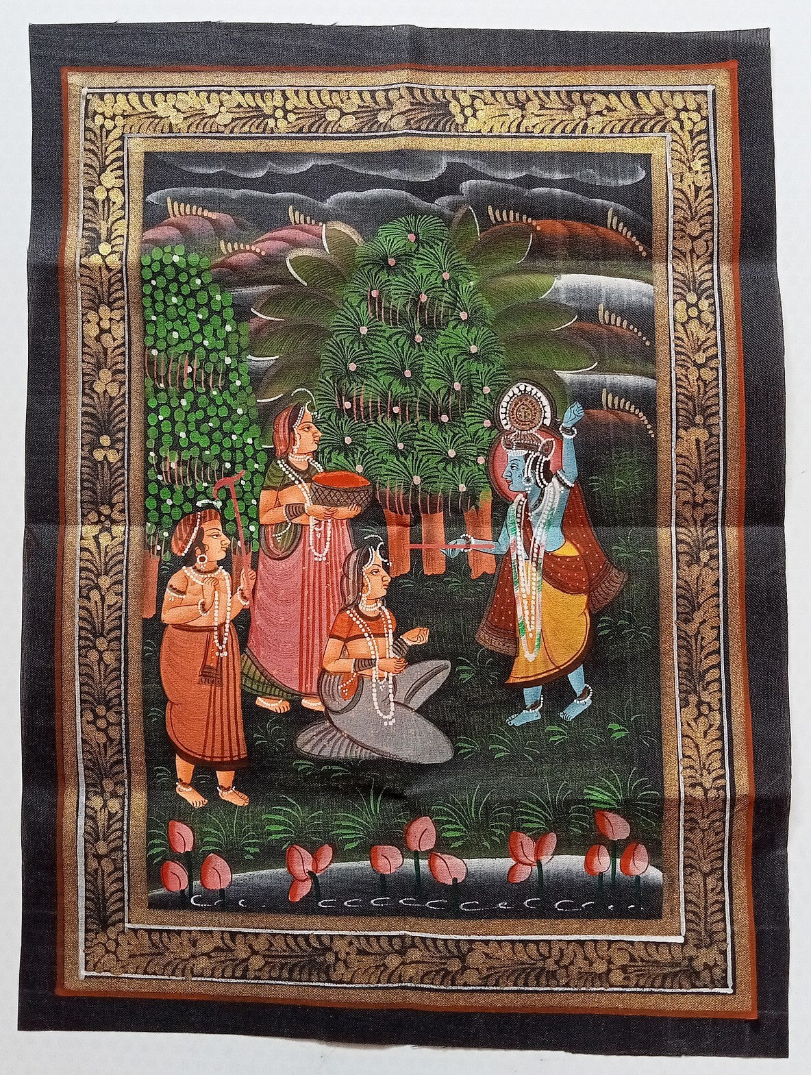 India vintage hand painting on cloth RADHA, KRISHNA & BALRAM 9 x 12 inches