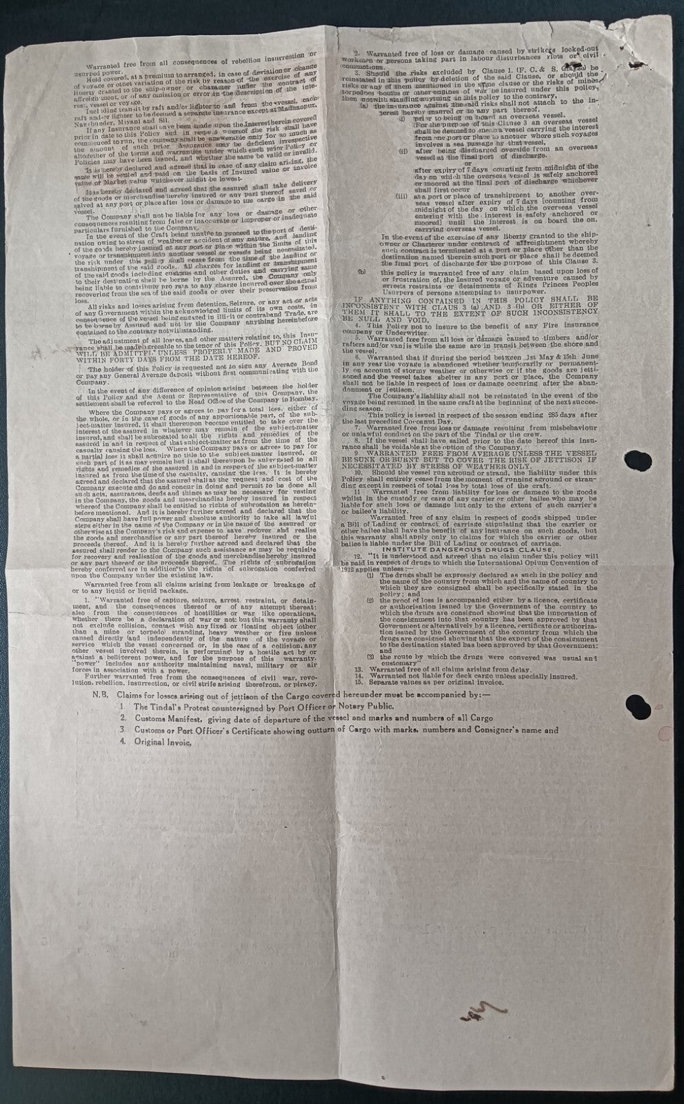 Indian GLOBAL INSURANCE COMPANY 1945 Insurance Policy