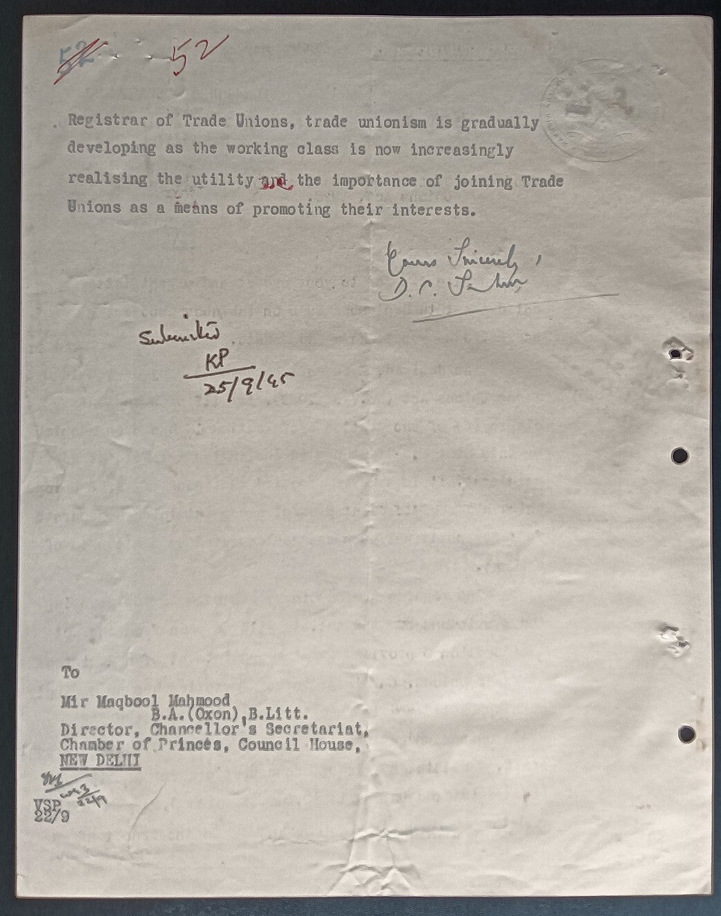 India 1945 crested letter GOVERNMENT OF HIS HIGHNESS THE MAHARAJA HOLKAR/INDORE