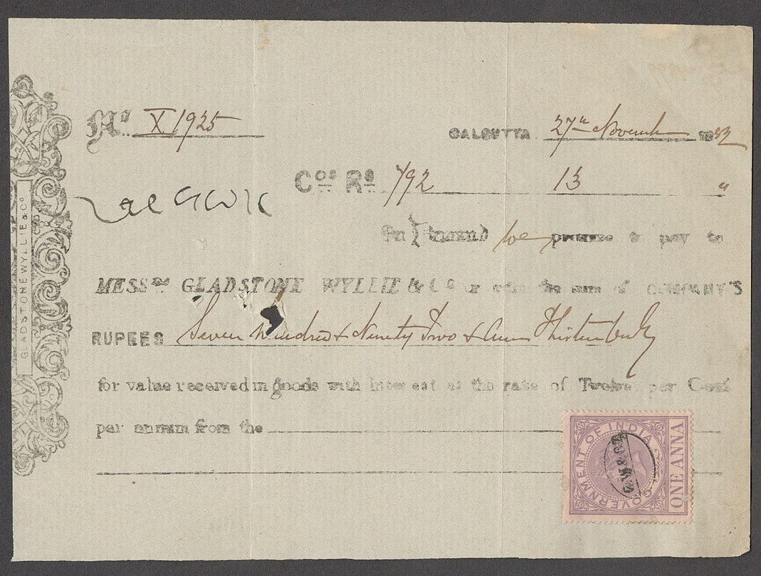 India 1882-84 Demand Notes with Queen Victoria 1a lilac revenue stamps (5)