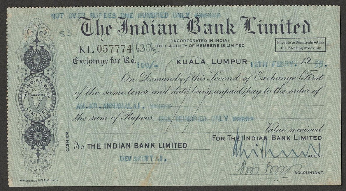 (AOP) Malaya CHECK : The Indian Bank Limited, KUALA LUMPUR 1955