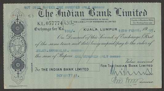 (AOP) Malaya CHECK : The Indian Bank Limited, KUALA LUMPUR 1955