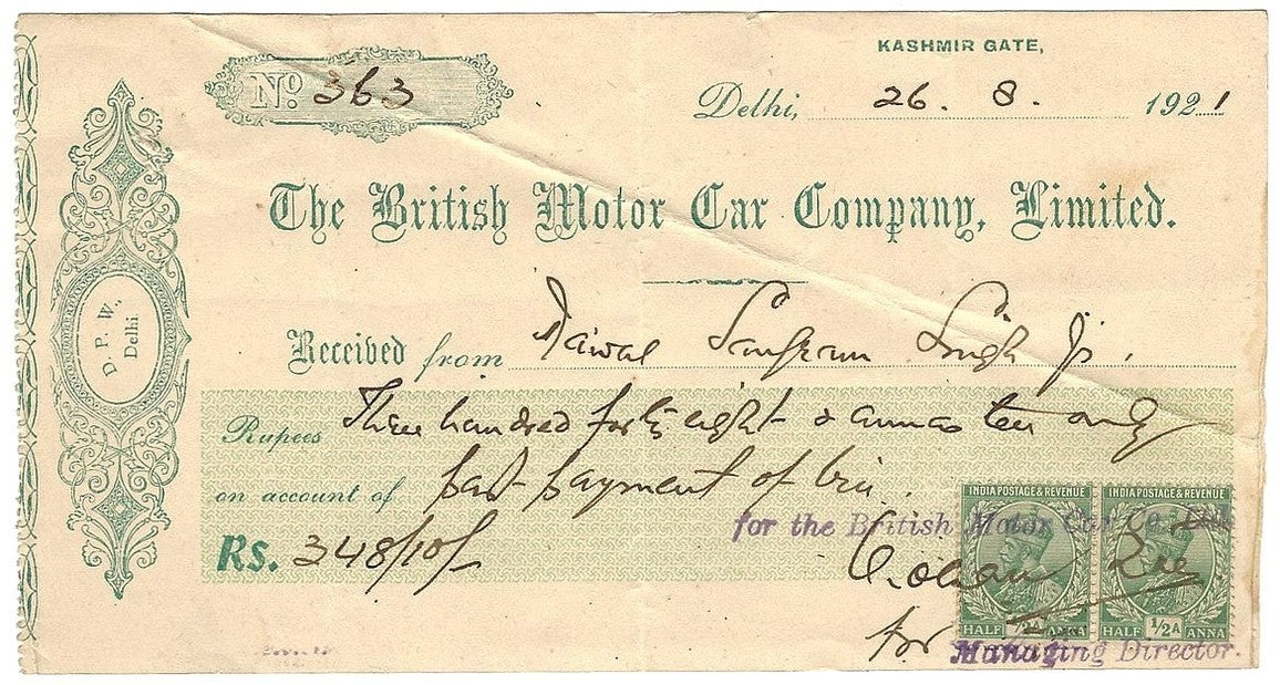 India 1921 British India Motor Car Co Ltd receipt