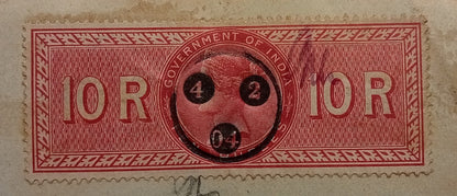 AOP India QV Queen Victoria 1868 Special Adhesive 10R on 1904 indenture 4 pgs
