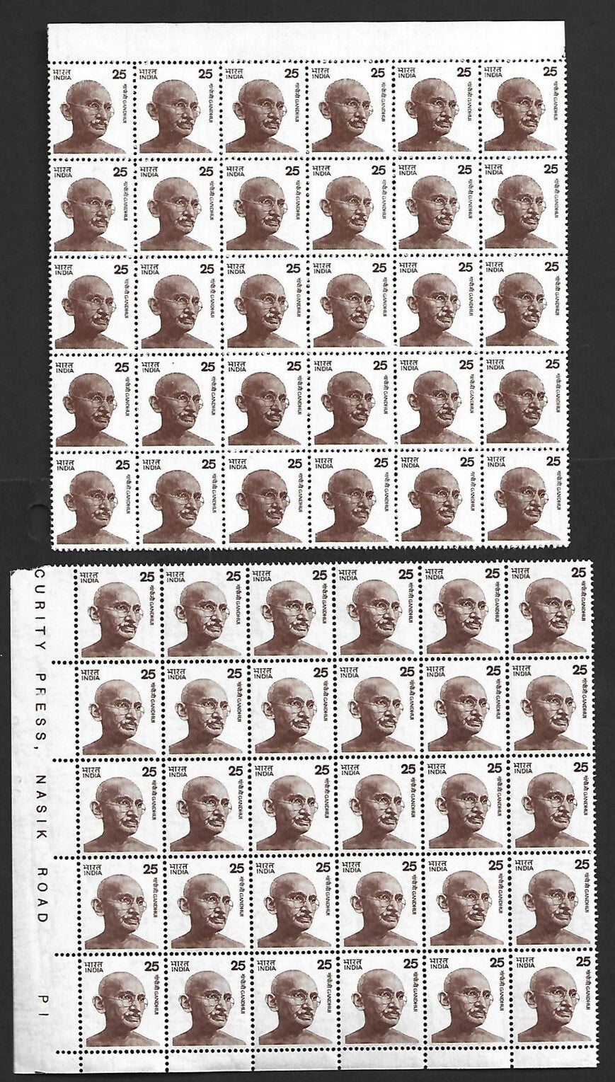 AOP India 1978 Gandhi 25p Types 1 & 2 MNH blocks of 30. SG 732-732a £450