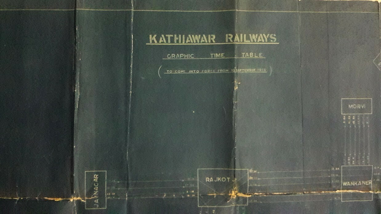 India 1916 Kathiawar Railways complete routes & timings map blue print 36” x 49”