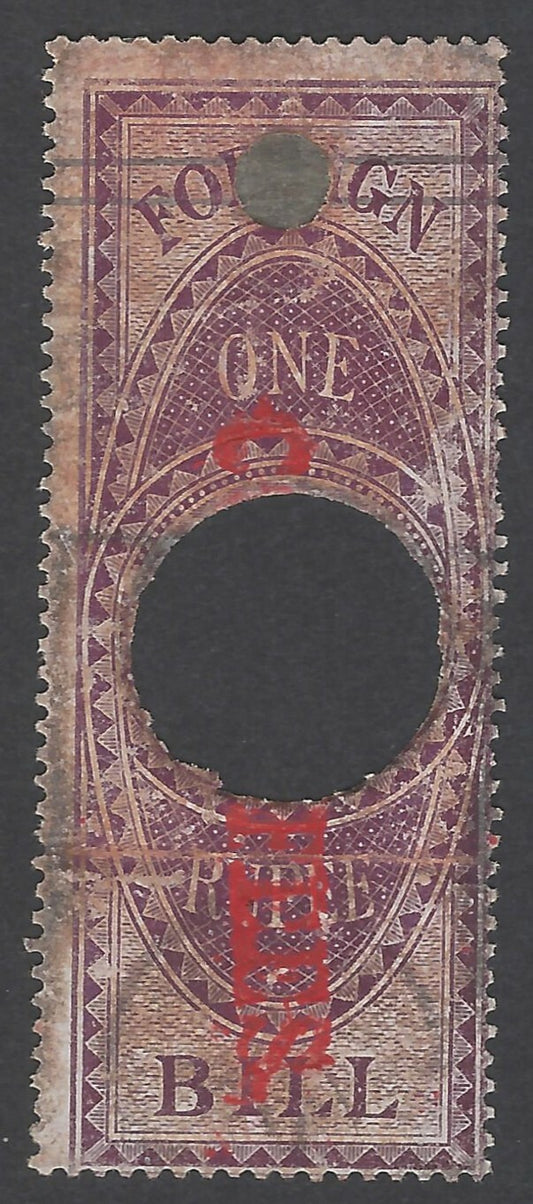 AOP India QV 1870 COURT FEES red ovpt on QV FOREIGN BILL 1R used Bft. 32 UNCUT