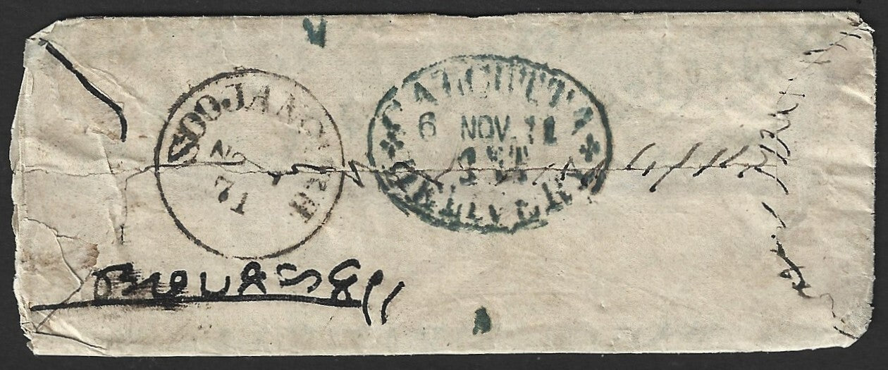 India 1861 stampless cover with blue oval "CALCUTTA*DELIVERY/6 NOV. 71/1ST", etc