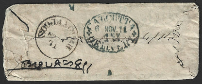 India 1861 stampless cover with blue oval "CALCUTTA*DELIVERY/6 NOV. 71/1ST", etc