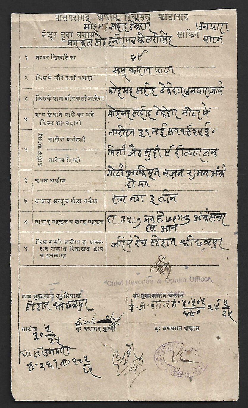 AOP India Jhalawar State 1925 OPIUM PASS