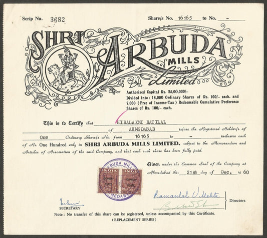 India SHREE ARBUDA MILLS share certificates x 3 different 1960-68