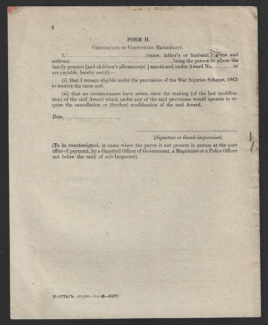 India POSTAL CIRCULAR #8 5th June 1942 Payment via Post Offices for War Injuries