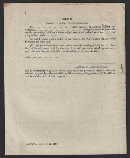 India POSTAL CIRCULAR #8 5th June 1942 Payment via Post Offices for War Injuries
