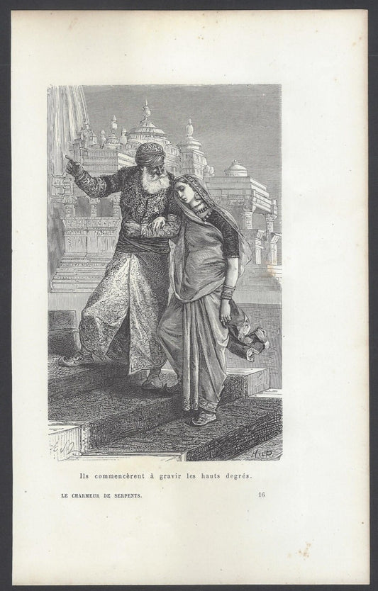 AOP India - COUPLE ON TEMPLE STEPS 1861 wood block print
