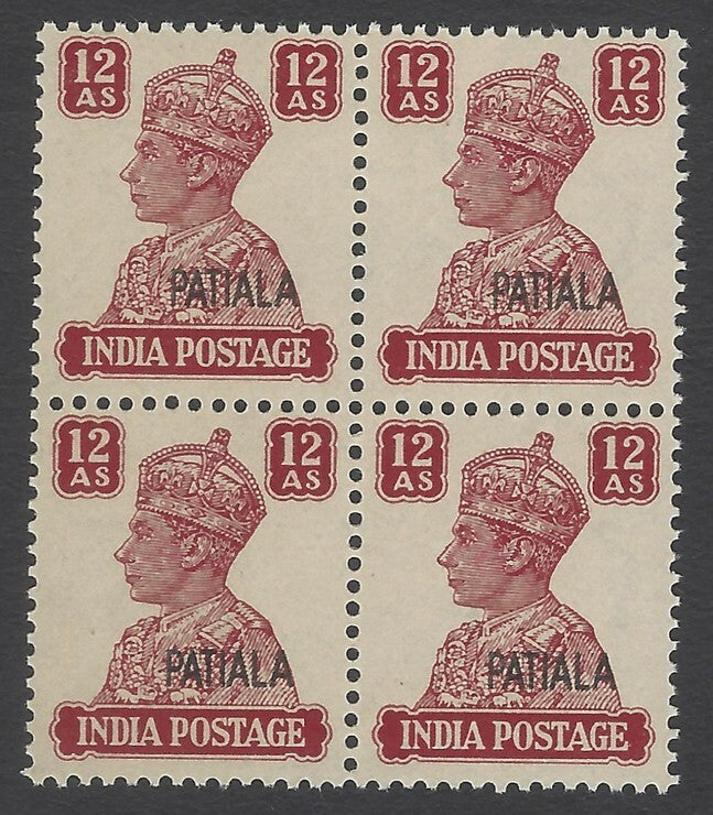 AOP India Patiala State KGVI 1942-47 12a MNH block of 4 SCV # 114 $120