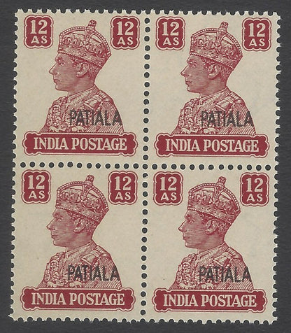 AOP India Patiala State KGVI 1942-47 12a MNH block of 4 SCV # 114 $120