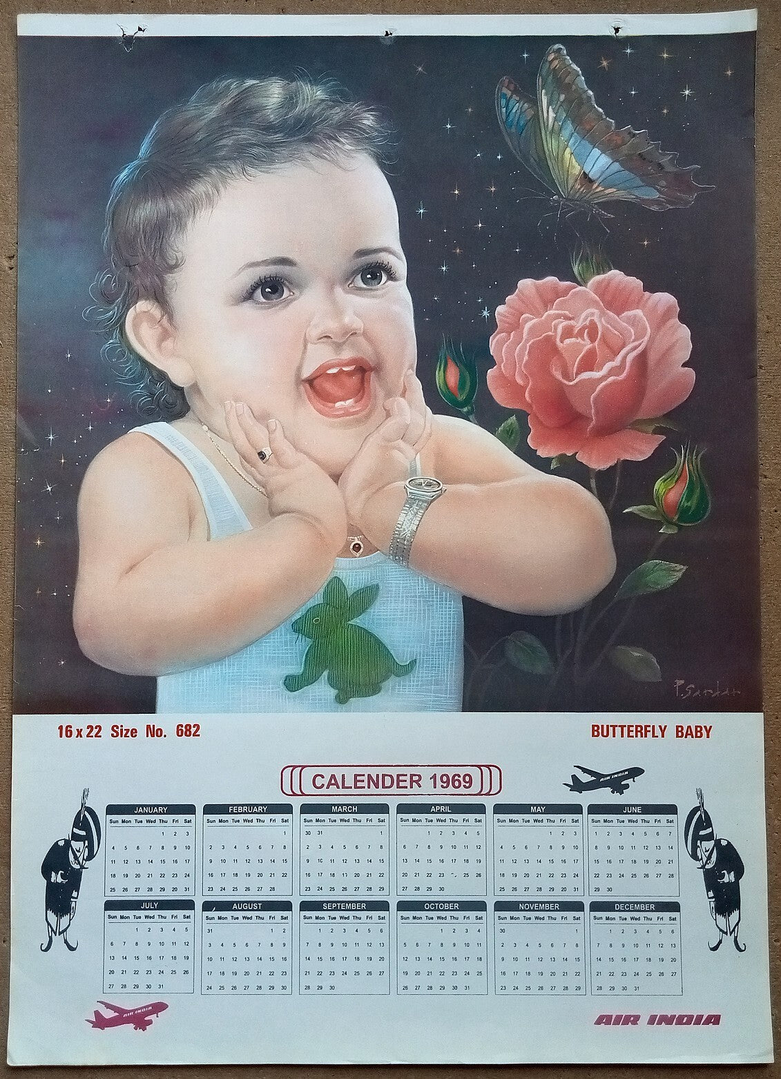 AIR INDIA 1969 poster calender 682 - BUTTERFLY BABY - ARTIST : P. SARDAR - R