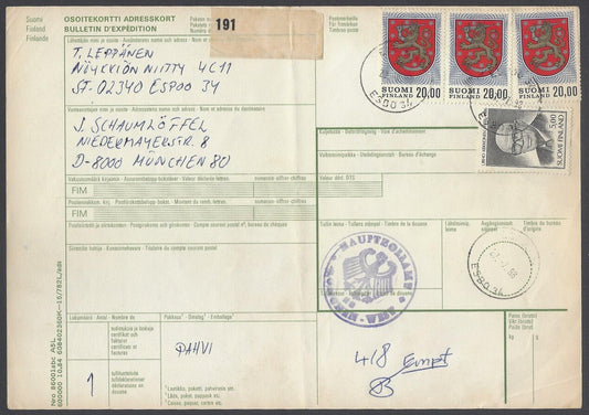 AOP Finland #470A x 3, etc. on parcel card to India 