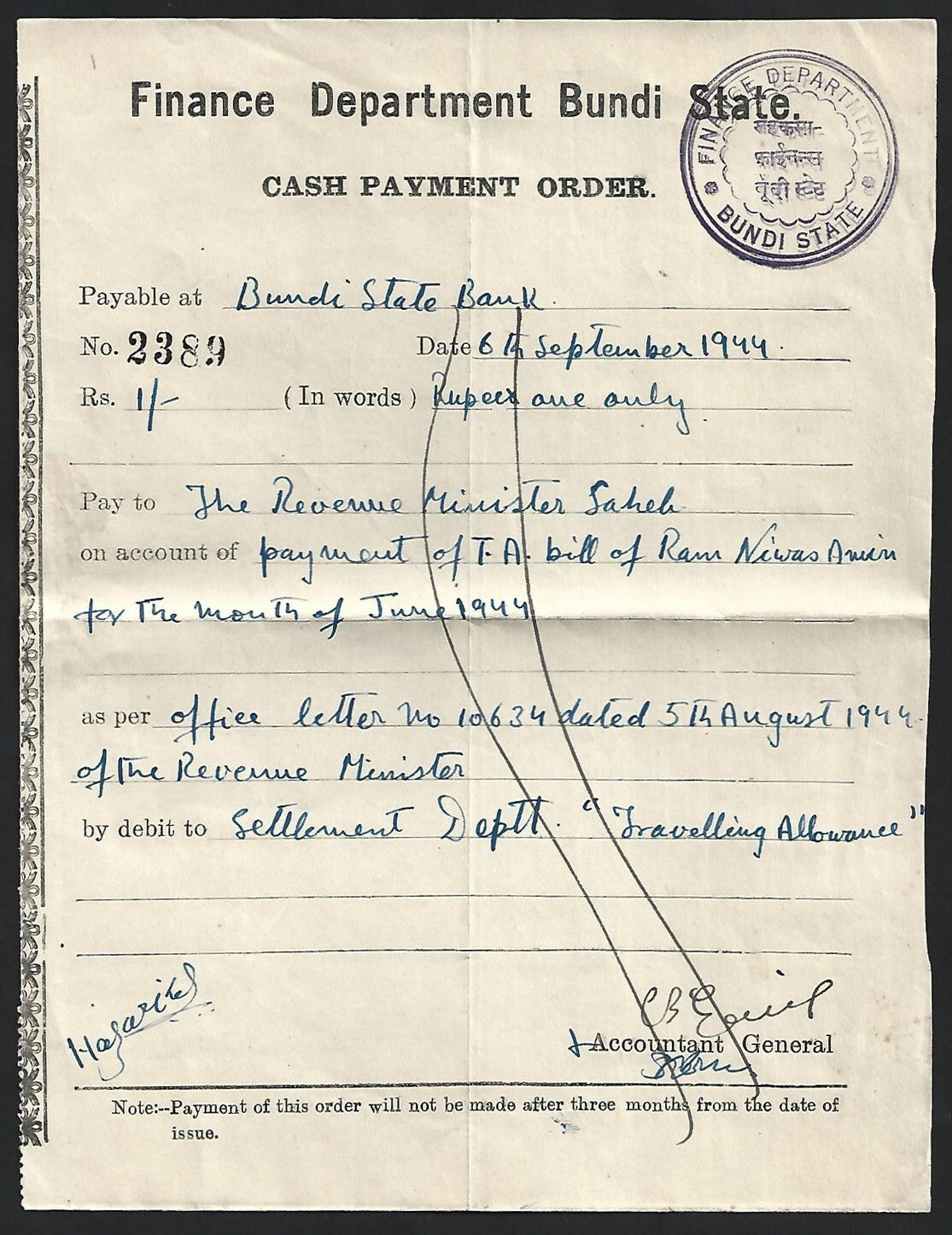 (AOP) India vintage check cheque - 1944 BUNDI STATE Cash Payment Order