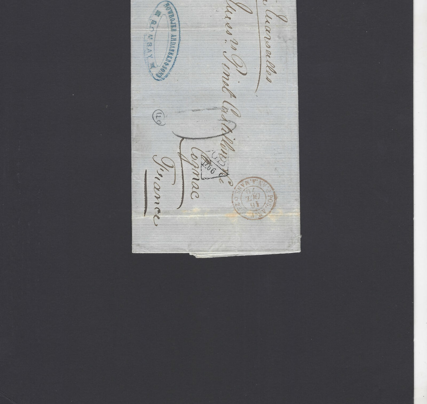 India 1870 stampless Bombay to France GB/LF 66c accountancy mark FA ARDASEER