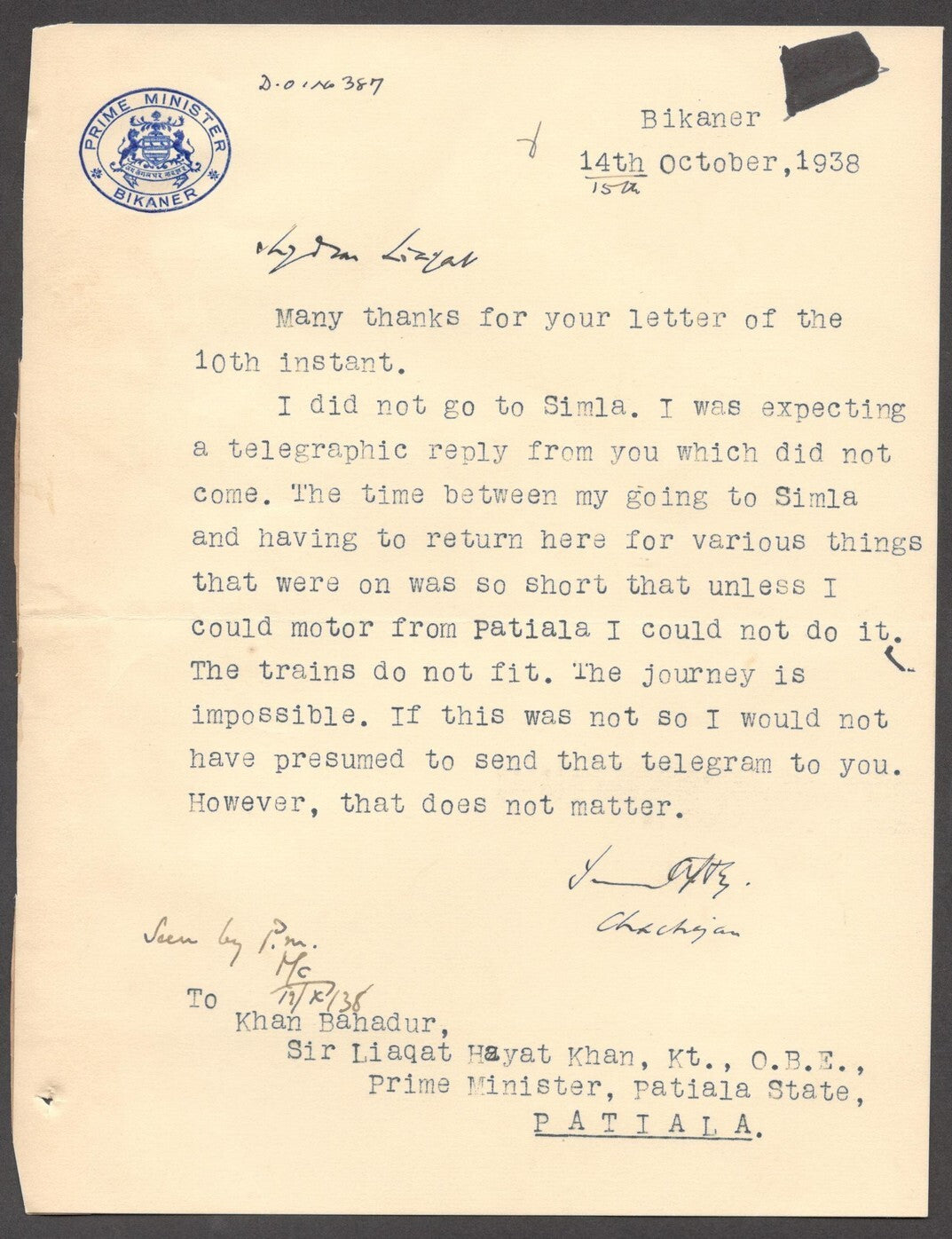 India 1938 crested letter PRIME MINISTER / BIKANER signed