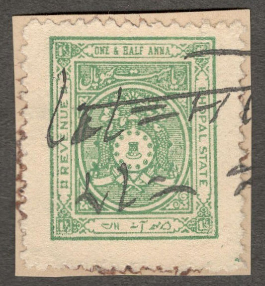 (AOP) India BHOPAL STATE revenue stamp 11/2a green